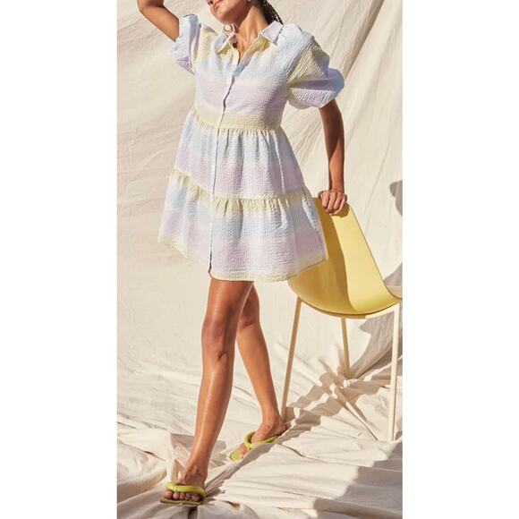 SAYLOR Dresses & Skirts - Saylor Tressie Mini Shirt Dress Womens M Seersucker Puff Sleeve Pastel Stripe